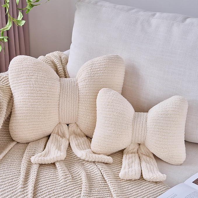 Bow Pillow, Decorative Throw Pillows with Soft Plush, Bow Throw Pillow for Couch Bed, Home Decor Bow Shaped Pillow for Bedroom Living Room (Beige, 12 Inches)