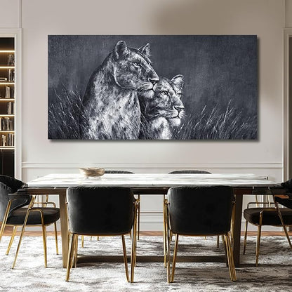 ZENPEE Large Lion Canvas Wall Art - 24"x48" Black and White Spray Print, Modern Animal Wall Decor for Bedroom, Living Room, Office - Ready to Hang