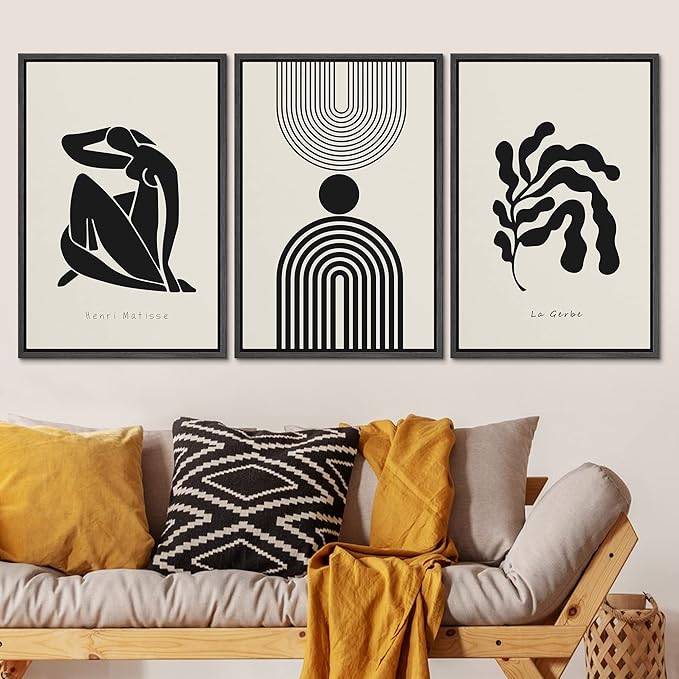 SIGNLEADER Framed Canvas Print Wall Art Set Duotone Matisse Dancer Flower Plant Collage Abstract Shapes Illustrations Modern Art Boho Decorative for Living Room, Bedroom, Office - 24"x36"x3 BLACK