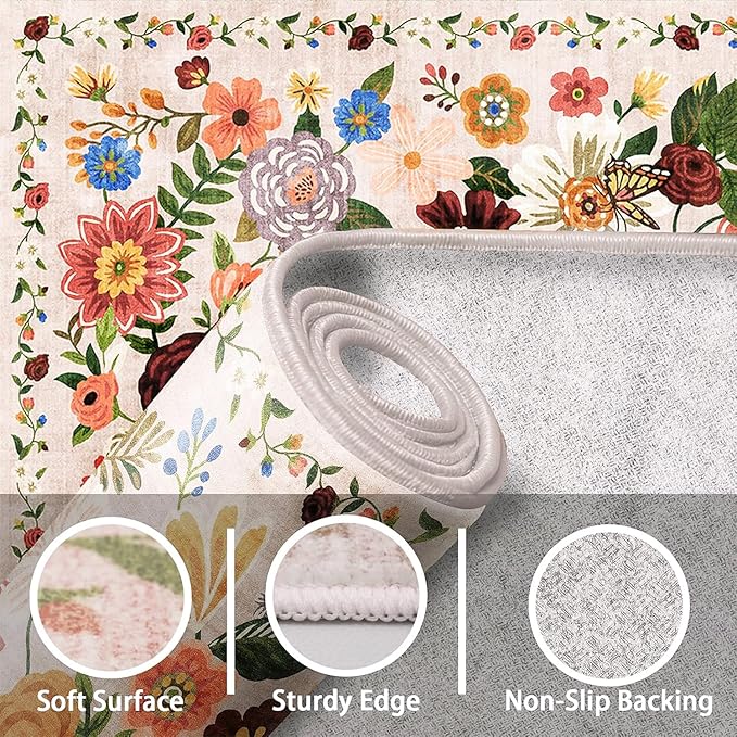 Area Rugs 24x17 Inch Home Decor Entry Rug, Small Door Mat Bath Mats for Bathroom, Ultra-Thin Non Slip Floral Rug Low Pile Tub Mat for Sink Shower Doorway Tub Kitchen Sink(2 x 1.4 ft, Beige)