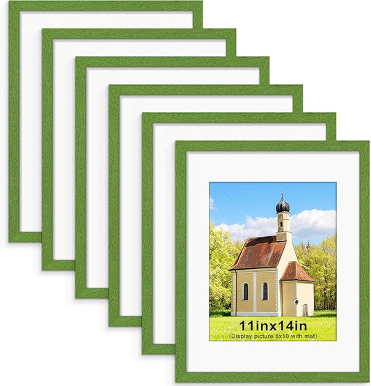 PEALSN 11x14 Picture Frame Set of 6, Display Pictures 8x10 with Mat or 11x14 without Mat for Wall Mounting or Table Top Display, Photo Frames Collage for Wall Decor, Green