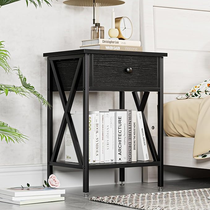 VECELO Nightstand,Modern Bedside End Table, Night Stand with Drawer and Storage Shelf for Living Room Bedroom, Industrial Metal Frame