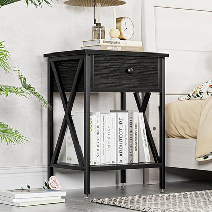VECELO Nightstand,Modern Bedside End Table, Night Stand with Drawer and Storage Shelf for Living Room Bedroom, Industrial Metal Frame