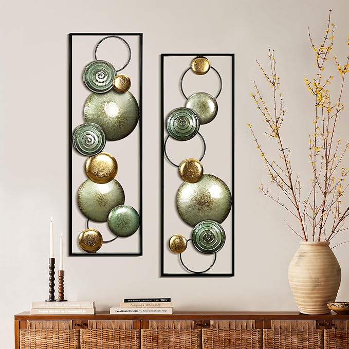 LuxenHome 2 Pieces Metal Wall Art, 36" x 12" Multi-Color Circles Abstract Rectangular Metal Wall Decor, Minimalist Wall Décor for Home, Living Room, Bedroom, Dining Room