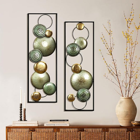 LuxenHome 2 Pieces Metal Wall Art, 36" x 12" Multi-Color Circles Abstract Rectangular Metal Wall Decor, Minimalist Wall Décor for Home, Living Room, Bedroom, Dining Room