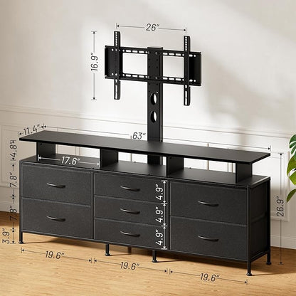 REAHOME TV Stand with Mount, 63" Entertainment Center for 32/45/55/60/65/70 inch TVs, Media Console Table with 7 Drawers, Height Adjustable Mount, Dresser TV Stand for Living Room, Carbon Fiber Black