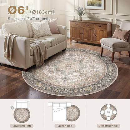 EIEIHOUSE 6ft Round Rugs for Living Room - Washable Neutral Vintage Farmhouse Large Soft Floor Area Rug Indoor Distressed Carpet for Bedroom Dining Room Office - Forest Green Orange
