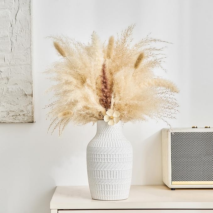 Boho White Ceramic Vase, 8.7" Matte Textured Flower Vase for Home Decor, Minimalist Table Centerpiece for Living Room, Office, Bedroom (Matte White Vase)
