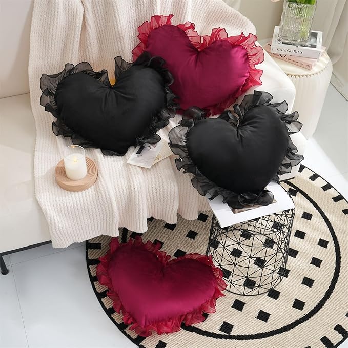 MOJUN Heart Pillows, Black Heart Shaped Pillow with Ruffles Cute Soft Heart Love Pillows Decorative Throw Pillows Cushion for Sofa Couch Bed Living Room Decor Gifts