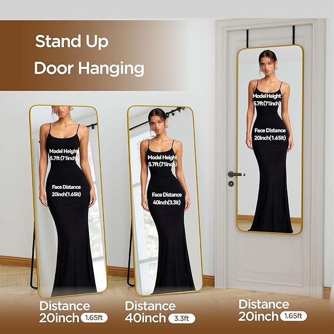 NARCISSUS 57x20 Mirror Door Hanging Full Length Body with Floor Stand or Wall Mounted Metal Aluminum Frame Tempered Glass Rectangle Mirrors for Bedroom Dressing Living Room Bathroom 57 inch Gold