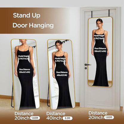 NARCISSUS 57x20 Mirror Door Hanging Full Length Body with Floor Stand or Wall Mounted Metal Aluminum Frame Tempered Glass Rectangle Mirrors for Bedroom Dressing Living Room Bathroom 57 inch Gold
