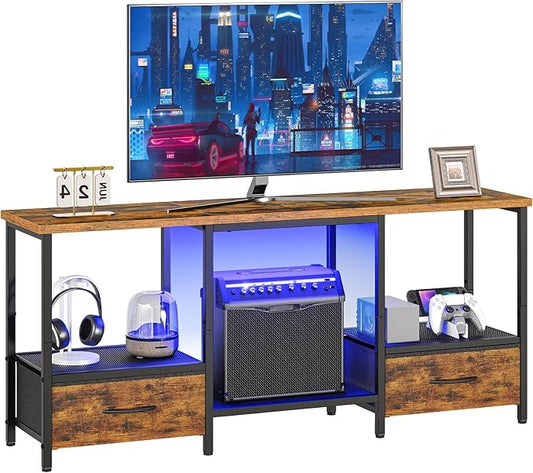 HOOBRO LED TV Stand with Storage, LED Entertainment Center with Open Shelves and Drawer, Fits TVs up to 55", Television Stand for Living Room, Bedroom, Rustic Brown and Black BF123DDS01G1