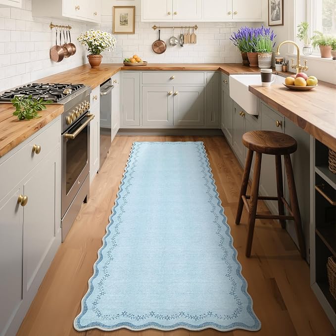 GarveeHome 2.5x8 Scalloped Washable Runner Rug for Kitchen, Soft Blue Long Hallway Runner Non Slip Entryway Rug Farmhouse Thin Laundry Mat Stain Resistant Carpet for Bathroom Beside Rug
