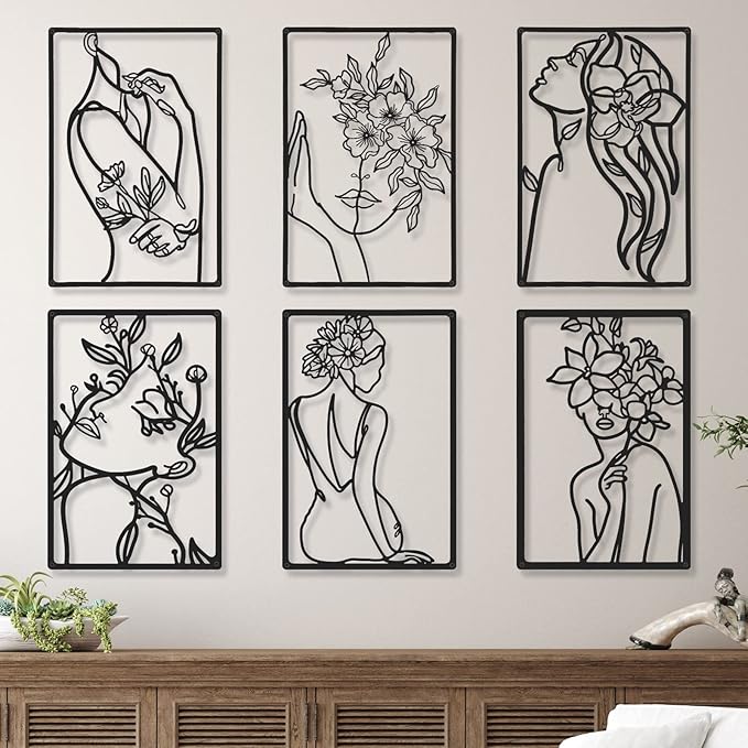 Cindeer 6 Pcs Black Metal Wall Art Bedroom Abstract Wall Art Woman Silhouette Line Decor Minimalist Abstract Woman Line Drawing Modern Living Room Pictures Decor for Bathroom Salon Silhouette