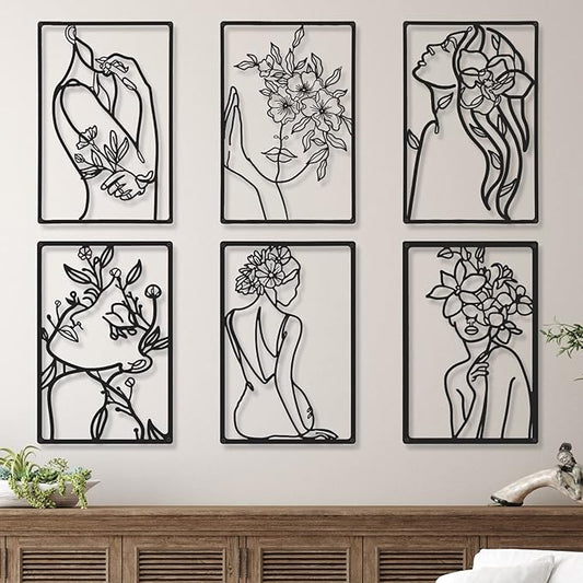 Cindeer 6 Pcs Black Metal Wall Art Bedroom Abstract Wall Art Woman Silhouette Line Decor Minimalist Abstract Woman Line Drawing Modern Living Room Pictures Decor for Bathroom Salon Silhouette