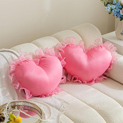 MOJUN Heart Pillow, Pink Ruffles Design Love Throw Pillows Decorative Pillows for Bed Couch Cute Room Decor Heart Shaped Throw Pillow Cushion for Living Room Bedroom Gifts Pillows