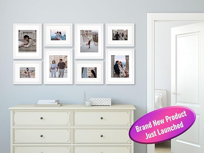 VELISTA 8 Piece Large Rectangle Gallery Wall Frame Set - Photo Frame Set with Mat 5x7 and 8x10 in - Picture Frame Set for Wall Collage made of Engineered Wood –Assorted Picture Frames (White)