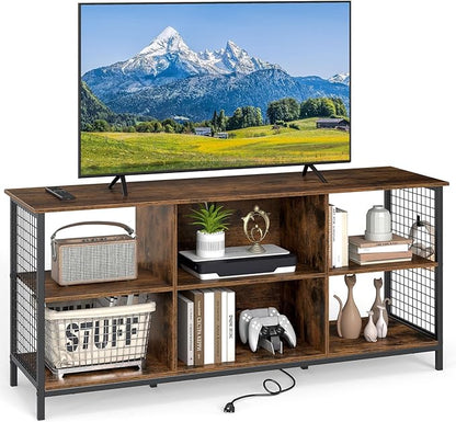 Giantex Industrial TV Stand for TVs up to 65 Inch, 3-Tier Entertainment Center with Power Outlets, Metal Mesh Sides & 2 Cable Holes, 6-Cube TV Console Table for Living Room, Bedroom, Rustic Brown
