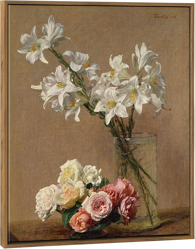 Pyradecor Vintage Wall Art Retro Large Framed Living Room Decor Roses and Lilies Canvas Prints Classical Floral Painting for Bedroom Kitchen Farmhouse Office Decorations AH1105-5060NW
