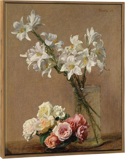 Pyradecor Vintage Wall Art Retro Large Framed Living Room Decor Roses and Lilies Canvas Prints Classical Floral Painting for Bedroom Kitchen Farmhouse Office Decorations AH1105-5060NW