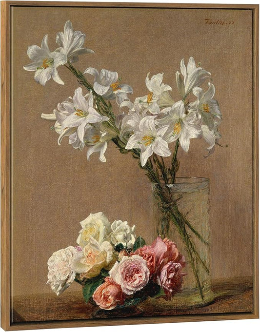 Pyradecor Vintage Wall Art Retro Large Framed Living Room Decor Roses and Lilies Canvas Prints Classical Floral Painting for Bedroom Kitchen Farmhouse Office Decorations AH1105-5060NW