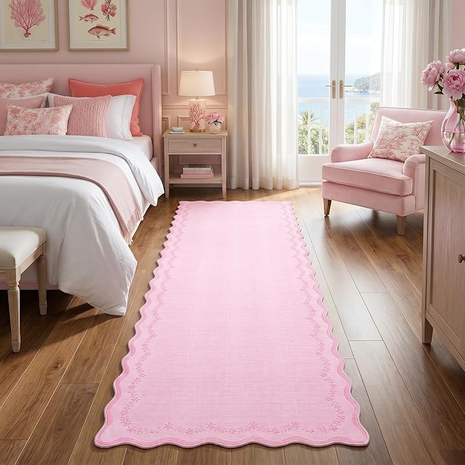 GarveeHome 2x6 Scalloped Washable Runner Rug for Girls Bedroom, Soft Pink Hallway Runner Non Slip Entryway Rug Farmhouse Thin Laundry Mat Stain Resistant Carpet for Kitchen Bathroom Rug