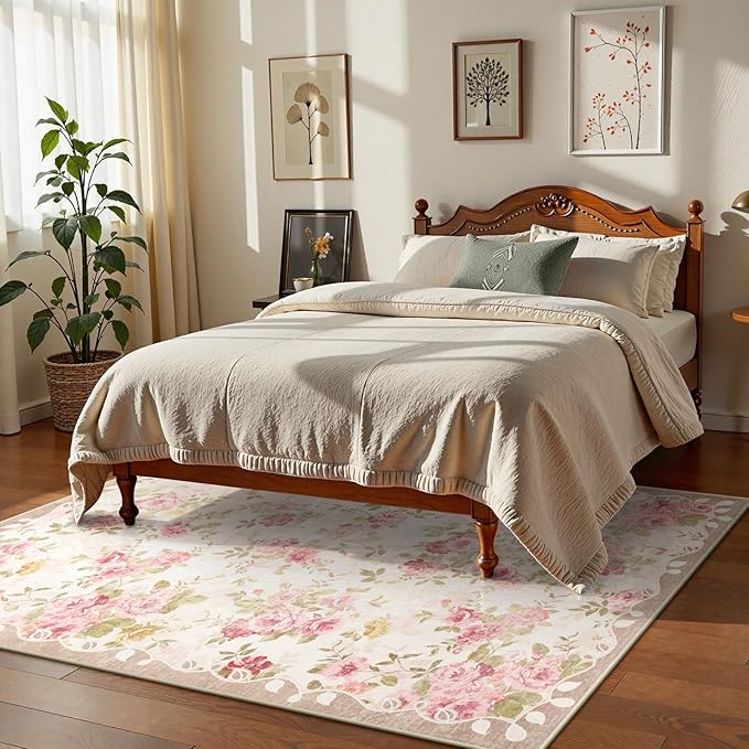 Lahome Floral Washable Rugs 5x7,Rugs for Living Room Pink Area Rug,Vintage Rugs for Bedroom Girls Non Slip Low Pile Ultra-Thin Large Carpet for Office Dining Room,Kids Playroom Nina (5'X7',Beige)