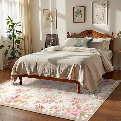 Lahome Floral Washable Rugs 5x7,Rugs for Living Room Pink Area Rug,Vintage Rugs for Bedroom Girls Non Slip Low Pile Ultra-Thin Large Carpet for Office Dining Room,Kids Playroom Nina (5'X7',Beige)