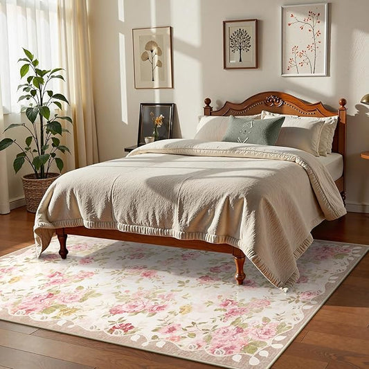 Lahome Floral Washable Rugs 5x7,Rugs for Living Room Pink Area Rug,Vintage Rugs for Bedroom Girls Non Slip Low Pile Ultra-Thin Large Carpet for Office Dining Room,Kids Playroom Nina (5'X7',Beige)