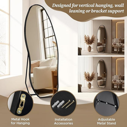 Dorlicecass Mirror Full Length - Irregular Full Body Mirror Standing or Leaning or Wall Hanging 63"x 24" Asymmetrical Aviation Aluminum Alloy Frame Unique for Bedroom, Living Room, Cloakroom, Entryway