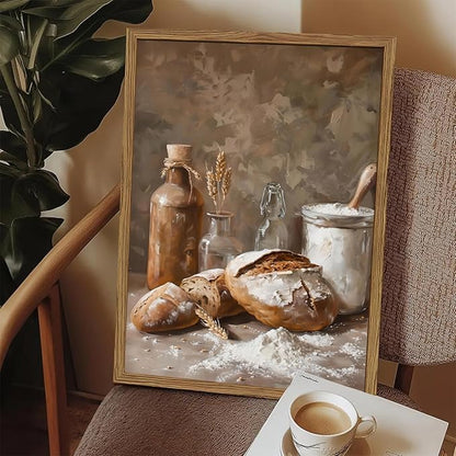 Framed Vintage Kitchen Wall Art, Rustic Bread and Flour Pictures Wall Decor Paintings, Farmhouse Food Poster Canvas Prints Country Home Decor for Dining Room Living Room Bakery 12x16 inch
