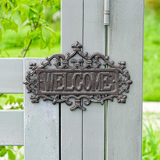 Sungmor Cast Iron Welcome Sign – Vintage Style Decorative Wall Plaque – Ornate Scroll Design for Porch, Entryway, Garden or Fence – Outdoor Wall Hanging Sign, Rustic Metal Home Decor