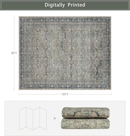 Srugn Washable Rugs 8x10 Area Rugs for Living Room,Rugs for Bedroom,Large Carpets,Ultra Soft Faux Wool Retro Dining Room Rug,Non Slip&Non-Shedding Low Pile Vintage Print Rug for Home Office,Green
