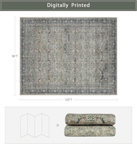 Srugn Washable Rugs 8x10 Area Rugs for Living Room,Rugs for Bedroom,Large Carpets,Ultra Soft Faux Wool Retro Dining Room Rug,Non Slip&Non-Shedding Low Pile Vintage Print Rug for Home Office,Green