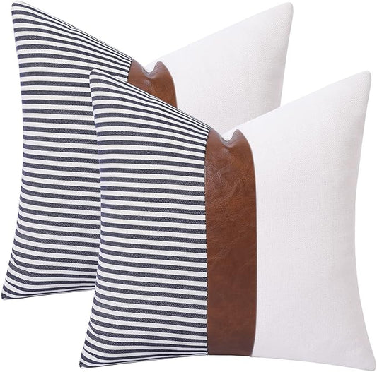 Mecatny Set of 2 Faux Leather Throw Pillows 18x18 with Inserts, Boho Striped Farmhouse Outdoor Pillows, Decorative Accent Cushions for Couch, Patio & Living Room, Navy