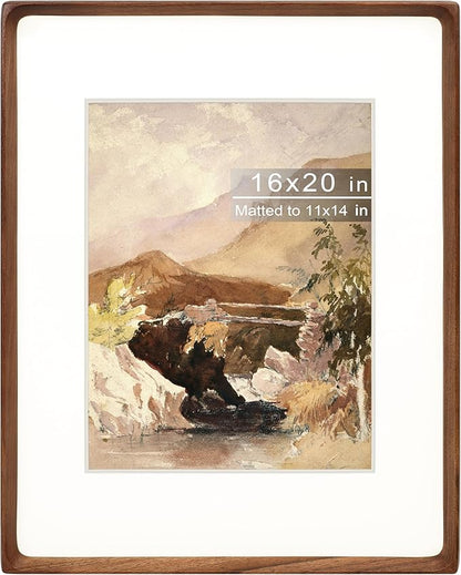16x20 Picture Frame with Mat for 11x14, Natural Walnut Wood Handcrafted Rounded Corner with Plexiglass, Vertical or Horizontal Display Photo Gallery Poster Wall Mounting Frame