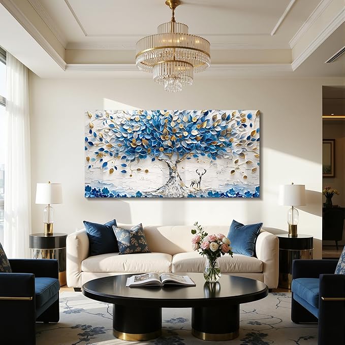 imjiayu Tree of Life Wall Art, Large Wall Decor, Blue Wall Art, White Gold Money Tree Prints, Modern Feng Shui Decor, Abstract Canvas Paintings Wall Decor Living Room Bedroom Office Hallway 24"x48"