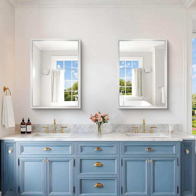 30x22 Silver Bathroom Mirror, Brushed Silver Rectangular Mirror for Wall, 0.6" Thickened Deep Frame Mirrors for Bathroom Sink, Shatterproof Tempered Glass, Antirust, Horizontally or Vertically