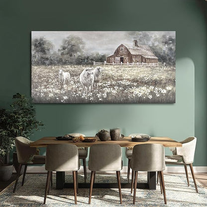 ZENPEE Sheep & Wildflower Farmhouse Wall Decor, Vintage Country Animal Landscape Canvas Print for Living Room, Bedroom & Dining, 29 x 58 Inches, Ready to Hang