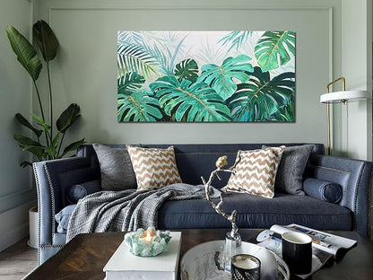 Enartly Palm Green Leaf Canvas Wall Art for Living Room, Monstera Tropical Leaf Painting Jungle Plant Picture Nature Artwork Print Framed Bedroom Hallway Office Home Decor, Large 58"x29"