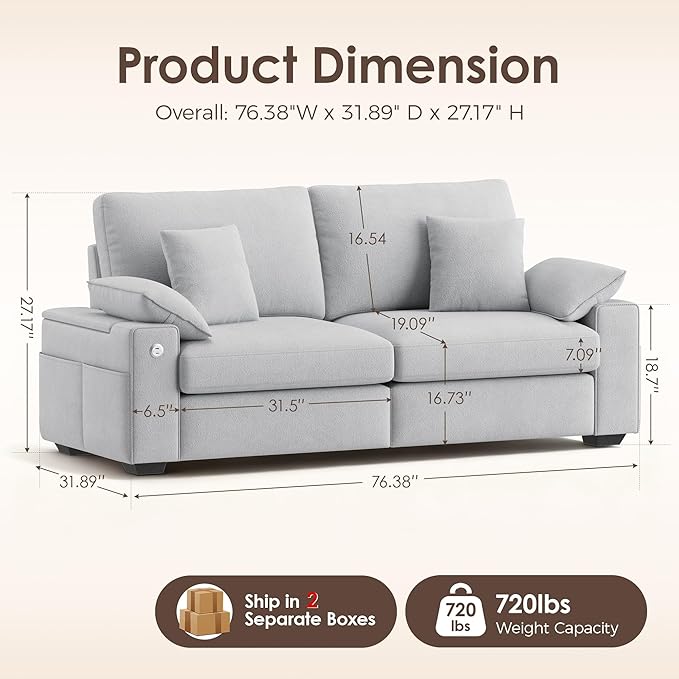 76" Modern Loveseat Couches for Living Room, Comfy Loveseat Sofa with Deep Seat Couch, USB/Type-C Port, Side Storage, Removable Cover, Small Couches for Living Room, Light Grey