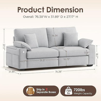 76" Modern Loveseat Couches for Living Room, Comfy Loveseat Sofa with Deep Seat Couch, USB/Type-C Port, Side Storage, Removable Cover, Small Couches for Living Room, Light Grey