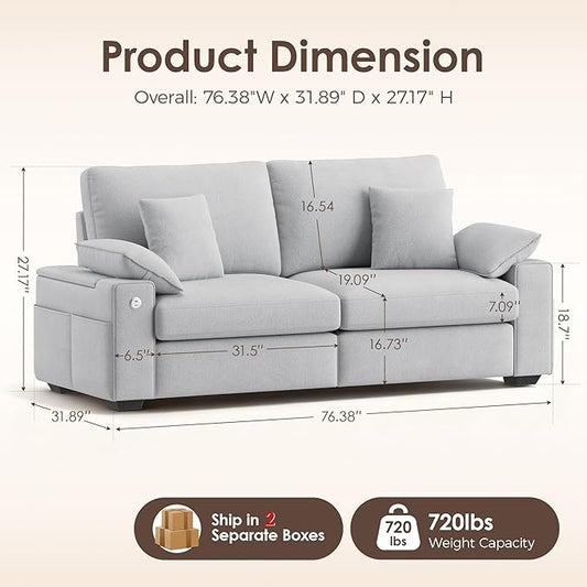 76" Modern Loveseat Couches for Living Room, Comfy Loveseat Sofa with Deep Seat Couch, USB/Type-C Port, Side Storage, Removable Cover, Small Couches for Living Room, Light Grey