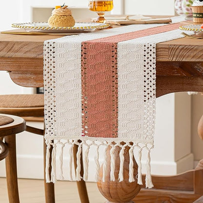 FEXIA Boho Table Runner for Summer Home Decor with Tassels 72 Inches Farmhouse Long Rustic Table Runner Macrame Burlap Centerpieces for Tables Decoration for Living Room Coral (12x72 Inches)
