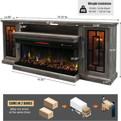 75 Inch Electric Fireplace TV Stand, 3- Side Glass LED Modern Media Entertainment Center Console Table for TVs up to 80/85 Inch w/Adjustable Flame, 40’’ Fireplace, Highboy, Gray Wash