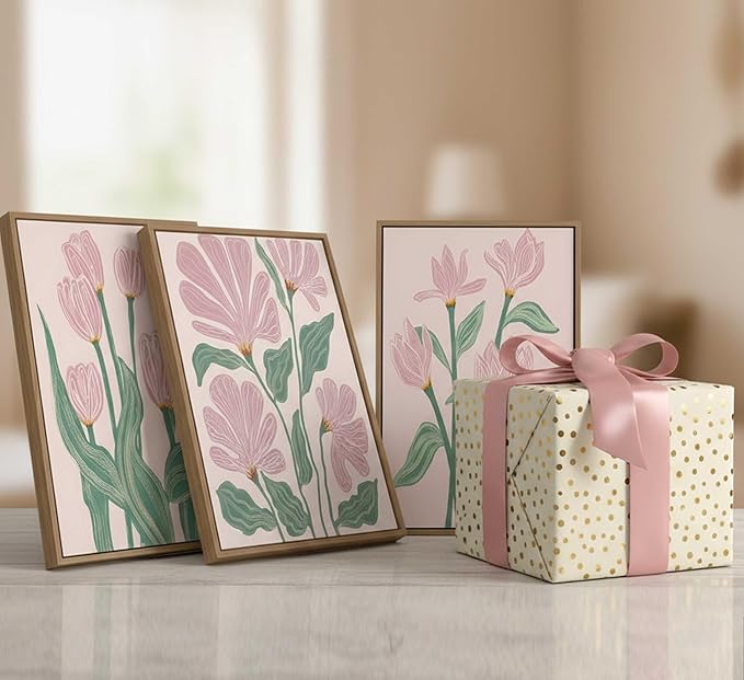 Framed 3 Pcs Pink Tulips Flowers Canvas Wall Art Boho Pink and Green Abstract Floral Botanical Paintings Pictures Wall Decor Poster Print Artwork for Living Room Bedroom Home Decoration