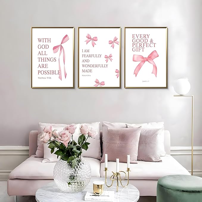JBZDD Coquette Pink Bow Wall Art Decor Posters Set of 3, Inspirational Bible Verses Pictures Prints Coquette Aesthetic for Girls Room College Apartment Living Room Bedroom Unframed 16x24 In