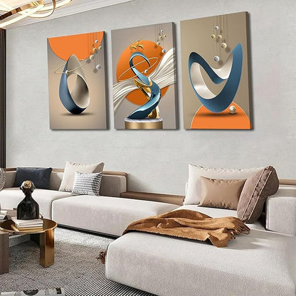 3 Pcs Modern Abstract Canvas Wall art Golden Deer Luxury Foil Lines Paintings Pictures Wall Decoration White Blue orange color Grey posters Prints for Living Room Bedroom Office Home Decoration
