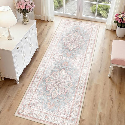 CAPALOCA Machine Washable Rugs Nursery Rug 2x6 Cute Girl Non Slip Low Pile Water Repellent Soft Print Pattern for Bedroom Indoor Decor Kids Playroom Pink Blue