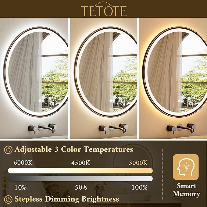 TETOTE Round Led Oil Rubbed Bronze Bathroom Mirror 36 Inch Circle Round Lighted Vanity Mirror with Lights for Bathroom Wall, 3 Color Stepless Dimmable, Anti Fog, Shatterproof, CRI 90+